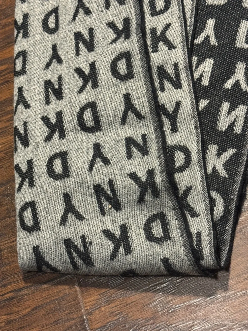 DKNY Reversible Black & Gray Logo Scarf with Fringe